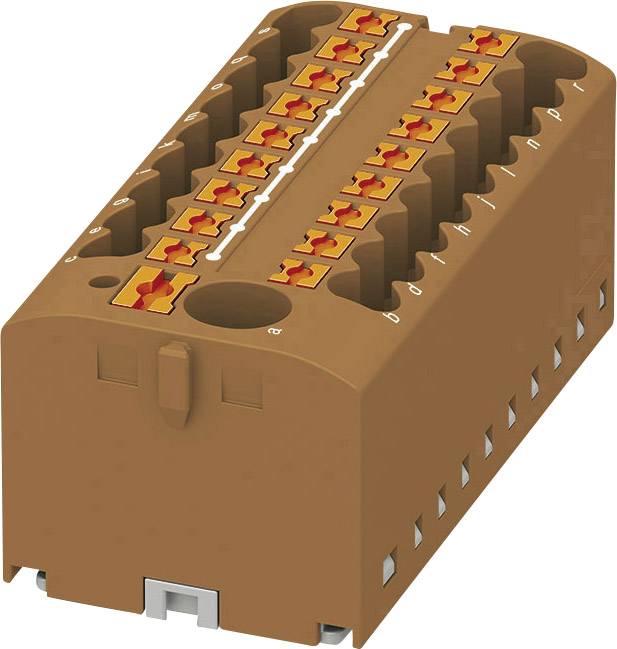 Hnědý elektrický konektor s několika oranžovými kontakty, vhodný pro zapojení v technických aplikacích.
