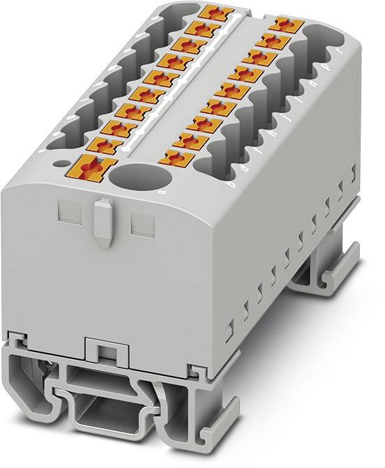 Šedý řadový svorkovnicový blok s oranžovými pákami, určený pro elektrické zapojení na DIN lišty.