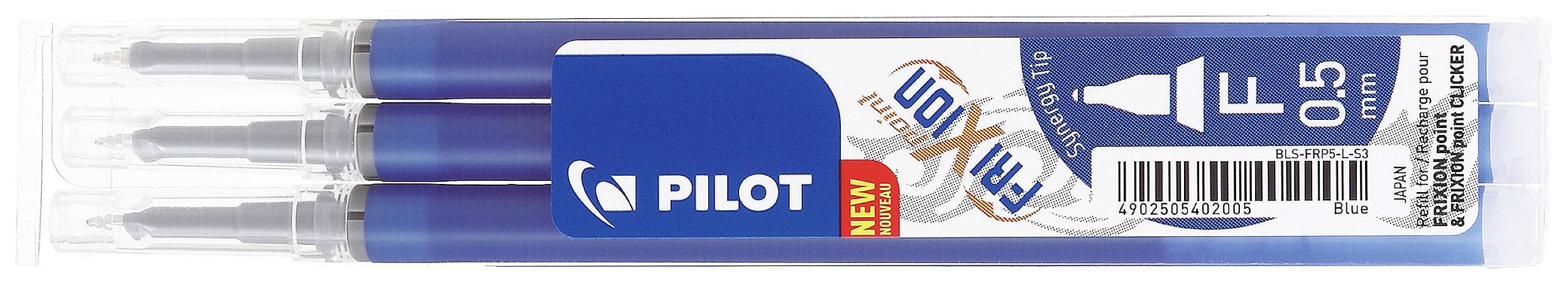 Tři modré gelové pero s nápisem 'Pilot FriXion 0,5 mm'. Obal zobrazuje čárové kódy a informace o produktu.