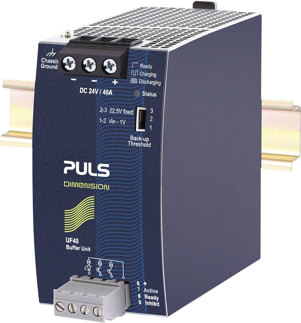 'PULS Dimension UF40' zásobníkový modul pro montáž na DIN lištu, s LED stavovými indikátory a připojovacími svorkami, konstruovaný pro průmyslové aplikace.