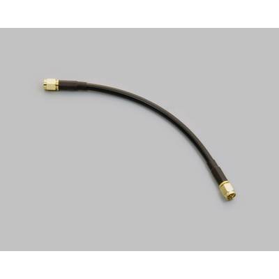 Koaxiální kabel se zlatými konektory na obou koncích na šedém pozadí.