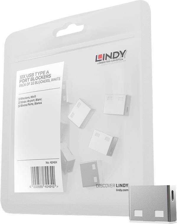 Balení pro LINDY 10 zásuvky USB typu A, balení po 10 ks, bílé, zobrazeno v průhledném visícím sáčku s ilustrací produktu a čárovým kódem.