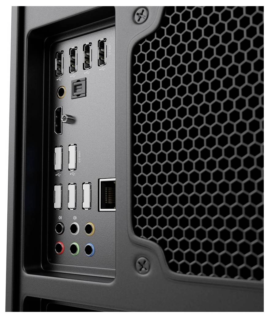 Detailní pohled na zadní panel vstupů/výstupů desktopové počítačové skříně s porty USB, audio jacky, portem Ethernet a šestiúhelníkovou mřížkou chlazení.
