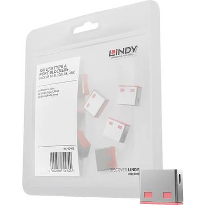 LINDY balení s 10 blokatories portů USB Type A, růžová, zobrazena v čiré závěsné maloobchodní balení s obrázky produktu a čárovým kódem.