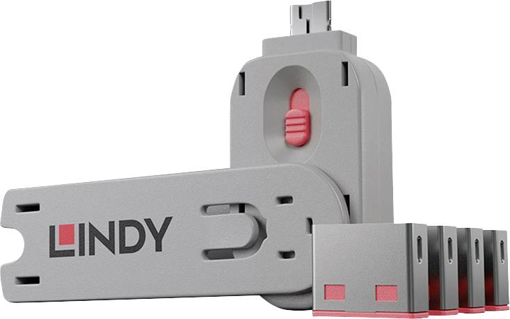 Produktový obrázek šedého otočného USB adaptéru LINDY s červeným přepínačem, který ukazuje vyměnitelné koncovky konektoru pro více typů USB zástrček.