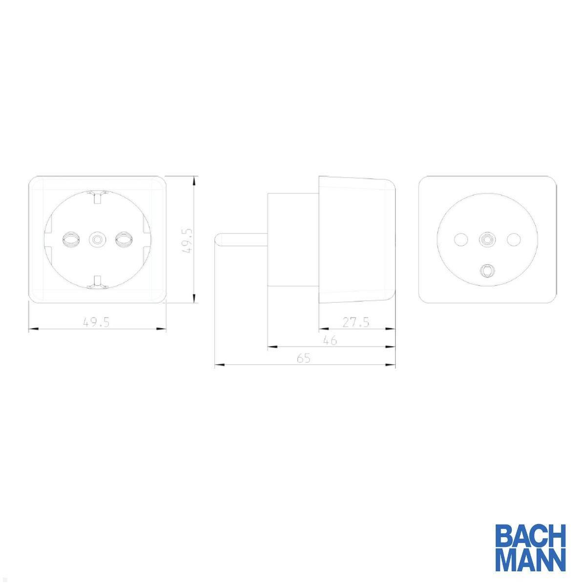 Technický výkres elektrické zásuvky s rozměry: šířka 49,5 mm, hloubka 46 mm, výška 65 mm. Značka 'BACHMANN' umístěna dole vpravo.