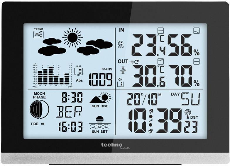 Meteorologická stanice s digitálním displejem: vnitřní teplota 23,4°C, vlhkost vzduchu 56 %. Venkovní teplota 30,6°C, vlhkost vzduchu 70 %. Zobrazena fáze měsíce, čas a trend počasí.