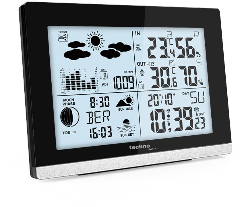 Digitální obrazovka meteorologické stanice zobrazuje teplotu, vlhkost vzduchu, předpověď počasí, fáze měsíce a čas.