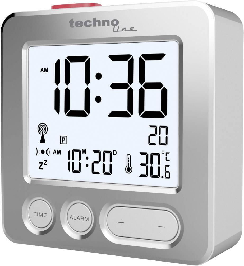 Elektrická nástěnná hodiny 'techno Line' ukazují 10:36, s datem 20. Teplota je 30,6°C. Obsahuje tlačítka pro nastavení času a budíku.