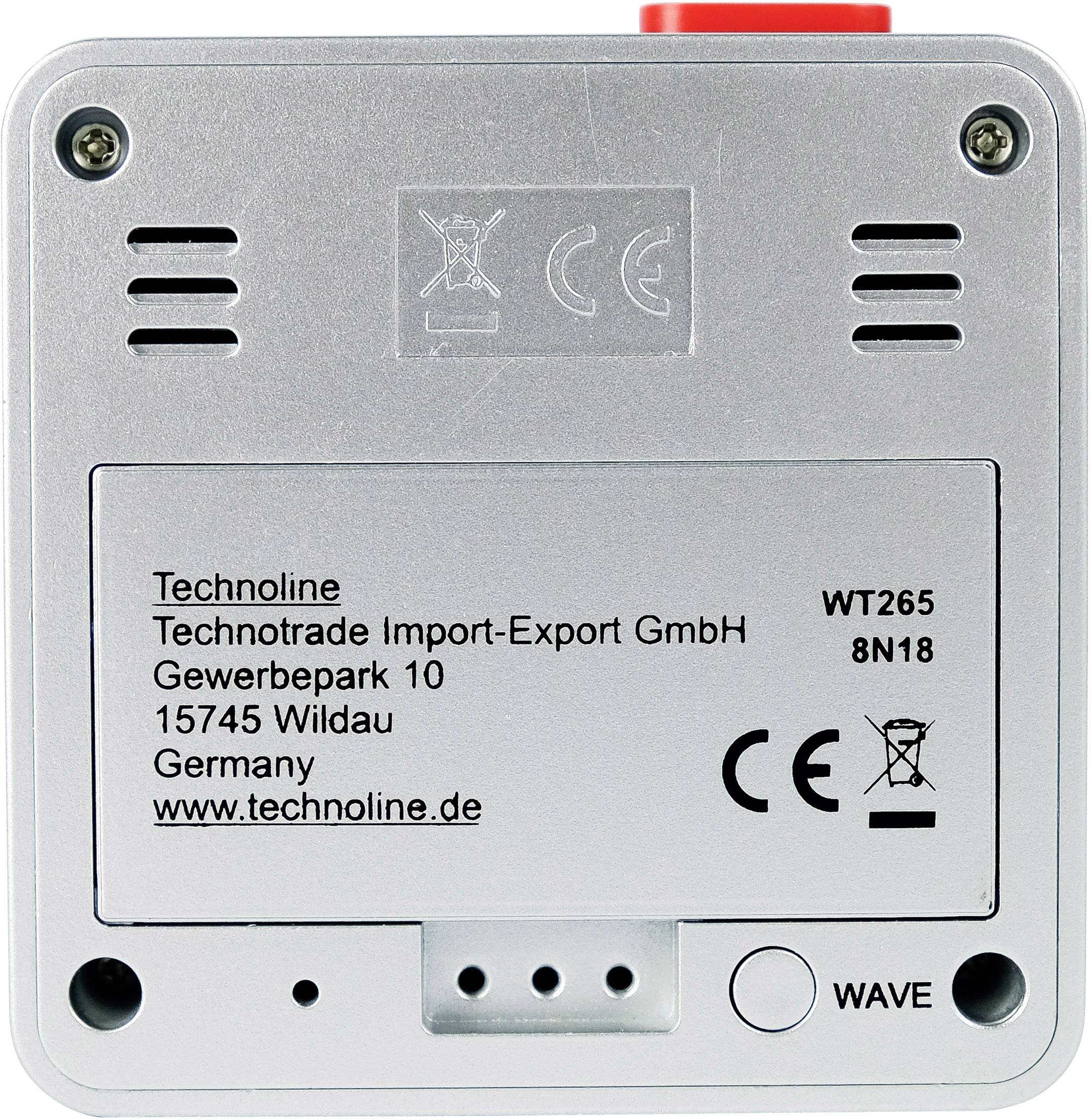 Zadní strana elektronického zařízení značky Technoline s výrobními čísly a označením CE, včetně adresy společnosti ve Wildau, Německo.