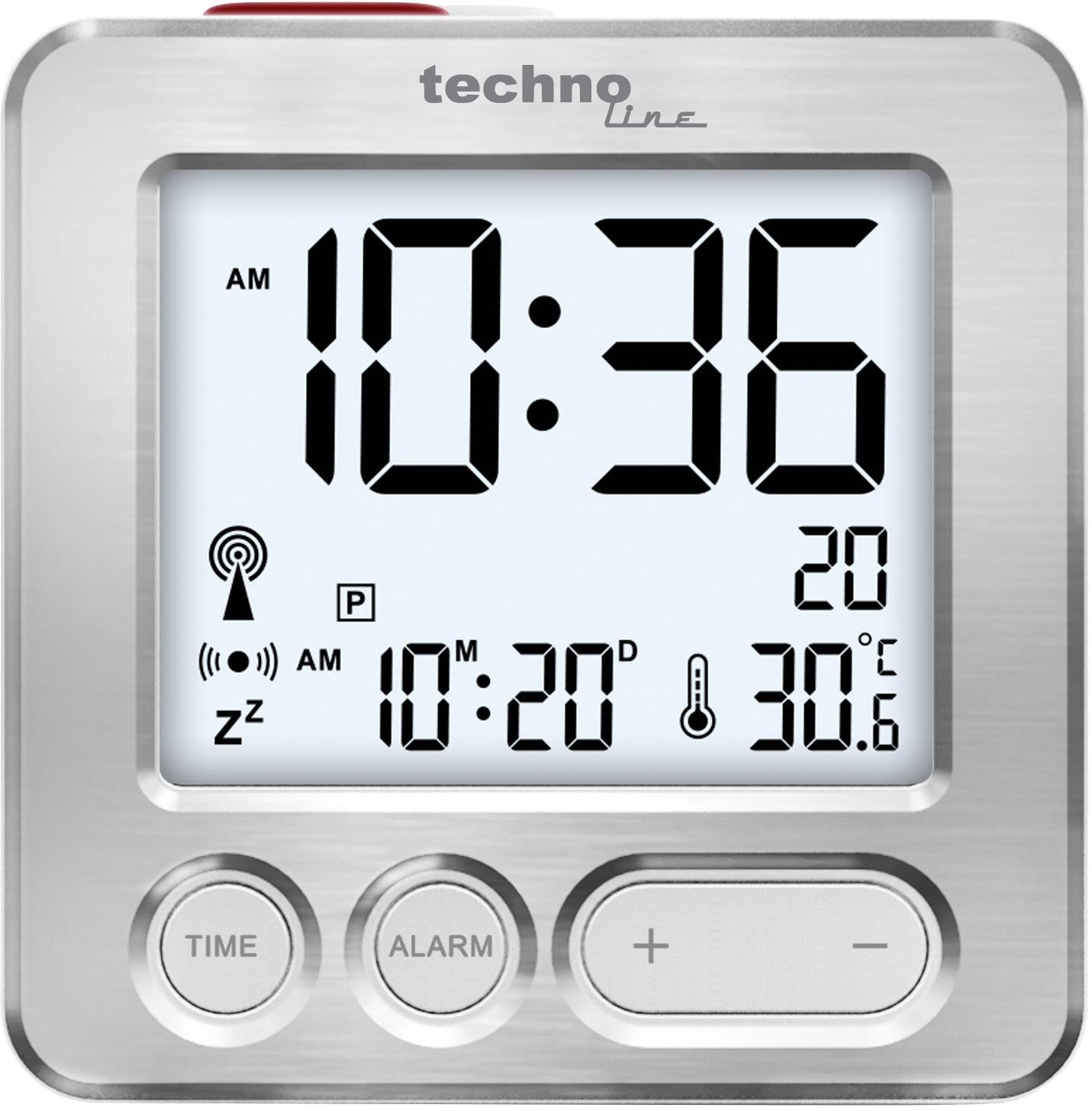 Digitální hodiny s velkým LCD displejem ukazují 10:36, vlhkost vzduchu 20 % a teplotu 30,6 °C. Tlačítka pro nastavení budíku a času jsou umístěna dole.