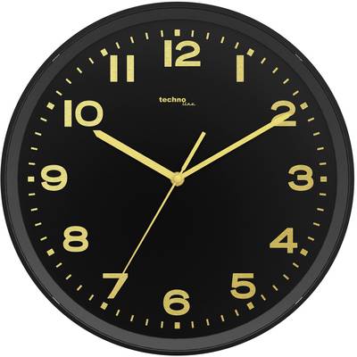 Černé analogové hodiny se zlatými ručičkami a číslicemi ukazují 10:09.