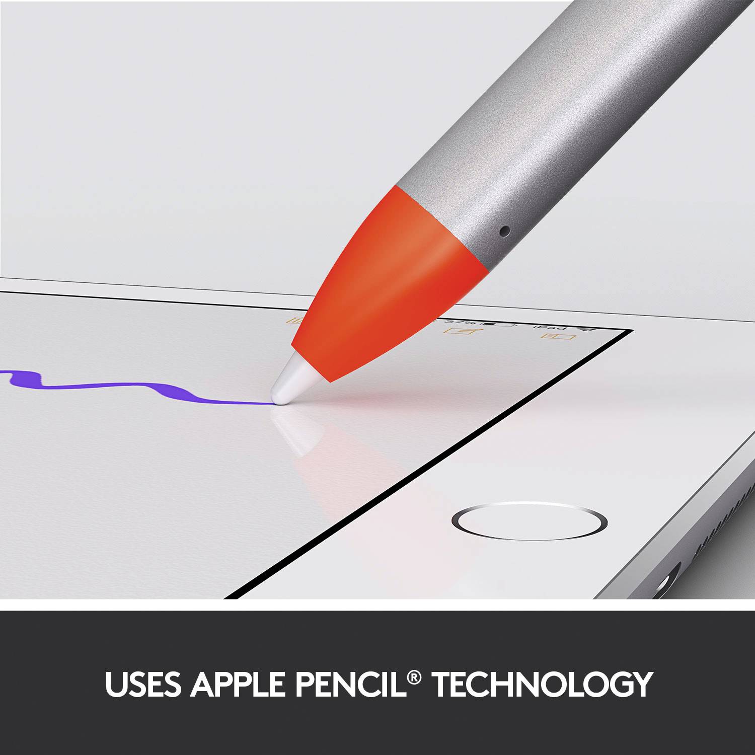 Hrot Apple Pencil kreslí fialovou čáru na displeji tabletu. Dole je napsáno: 'Využívá technologii Apple Pencil'.
