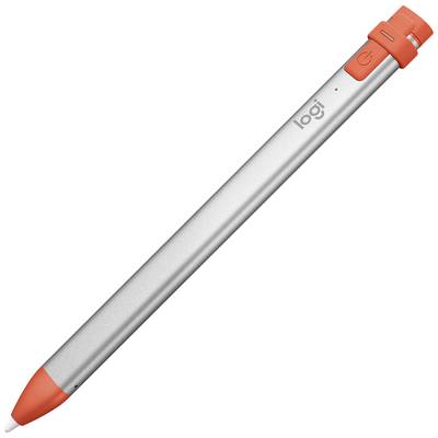 Stříbrné pero na tablet s oranžovými akcenty, s jasně viditelným logem značky 'Logi', leží šikmo. Vhodné pro digitální poznámky.