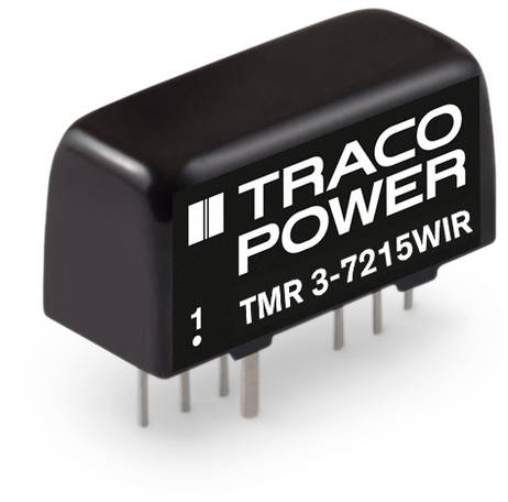 Černá elektronická součástka od Traco Power, model TMR 3-7215WIR, s několika kovovými kolíky pro montáž na desku plošných spojů.