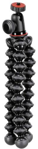 Flexibilní stativ s otočnou kulovou hlavou, černý s červenými akcenty, ideální pro nerovné povrchy a všestranné nastavení fotoaparátu.