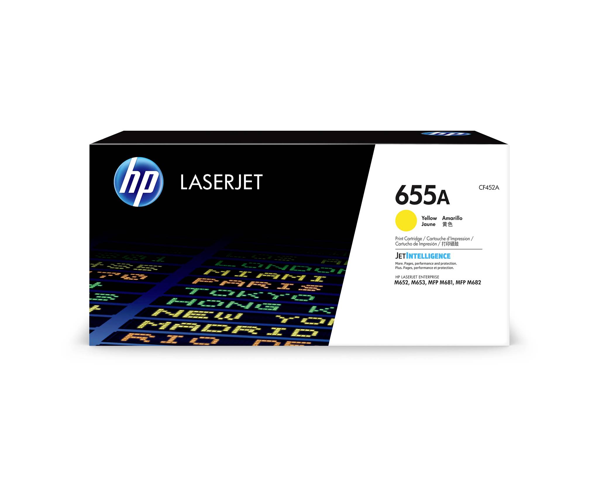 Krabice žluté tonerové kazety HP LaserJet 655A zobrazená na bílém pozadí.