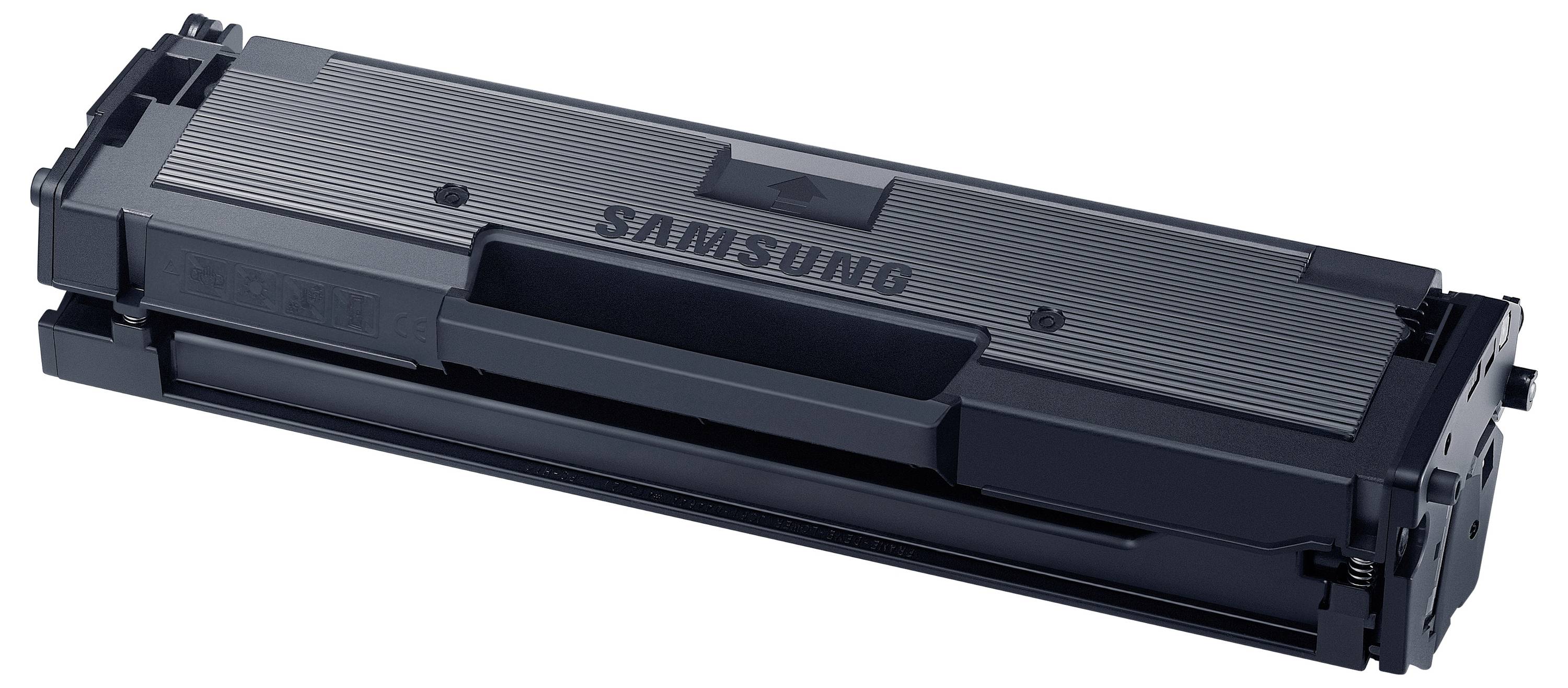 Černá toner kazeta Samsung zobrazená na bílém pozadí, úhledný pohled.