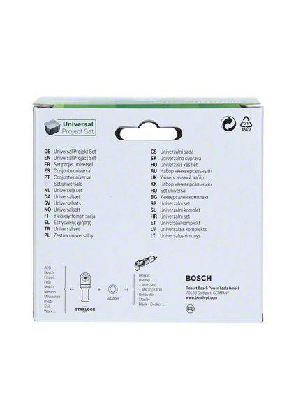 Zadní strana obalu sady univerzálních pilových listů od Bosche s vícejazyčným popisem produktu a logy Bosch a Starlock.