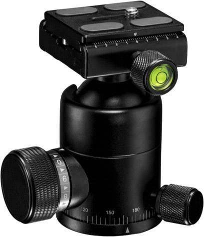 Černá hlava stativu se dvěma stavěcími knoflíky a vodováhou pro vyrovnání. Vhodná pro stabilizaci fotoaparátu na stativu.