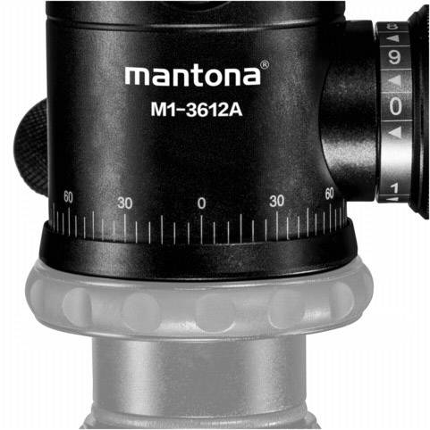 Detailní záběr hlavy stativu s názvem modelu 'mantona M1-3612A'. Zobrazuje stupnice pro přesné nastavení.