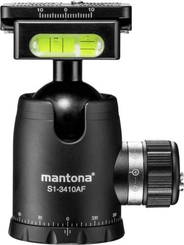 Hlava stativu s integrovanou vodováhou, černé tělo, s viditelnými údaji značky 'mantona' a číslem modelu 'S1-3410AF'. Ideální pro přesné nastavení fotografie.