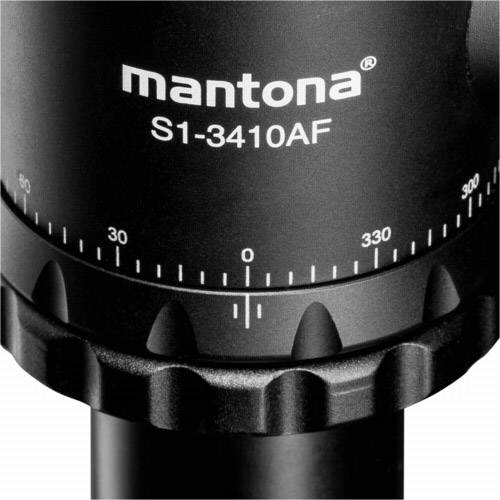 Detailní záběr černé hlavy stativu s označeními od 0 do 360 stupňů a nápisem 'mantona S1-3410AF' nahoře.
