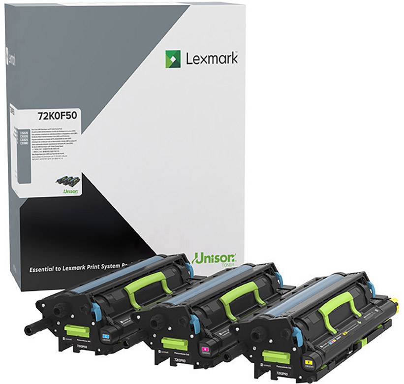 Tři tonerové kazety Lexmark před krabicí od balení.