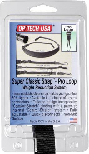 Balení fotografického popruh 'Super Classic Strap - Pro Loop' od OP/TECH USA. Obsahuje detaily ke snížení hmotnosti a možnostem přizpůsobení.