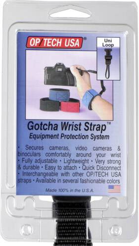 Popruh na zápěstí 'Gotcha Wrist Strap' pro upevnění fotoaparátu a dalekohledu, zdůrazňující trvanlivost, pohodlí, snadnou nastavitelnost a místo výroby v USA.