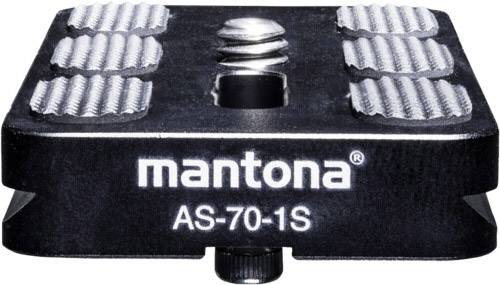 Rychloupínací destička Mantona AS-70-1S z kovu s protiskluzovými gumovými polštářky, vhodná pro upevnění fotoaparátů na stativy.