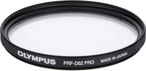 Kulatý kamerový objektový filtr od Olympusu, model PRF-D52 PRO, s nápisem 'MADE IN JAPAN'.