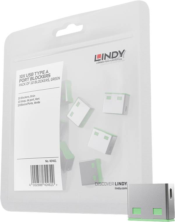 Balení pro 10x blokovače portů LINDY USB Type A, balení 10 kusů, zelené, zobrazeno v průhledném zavěšovacím sáčku s obrázky produktu a čárovým kódem.