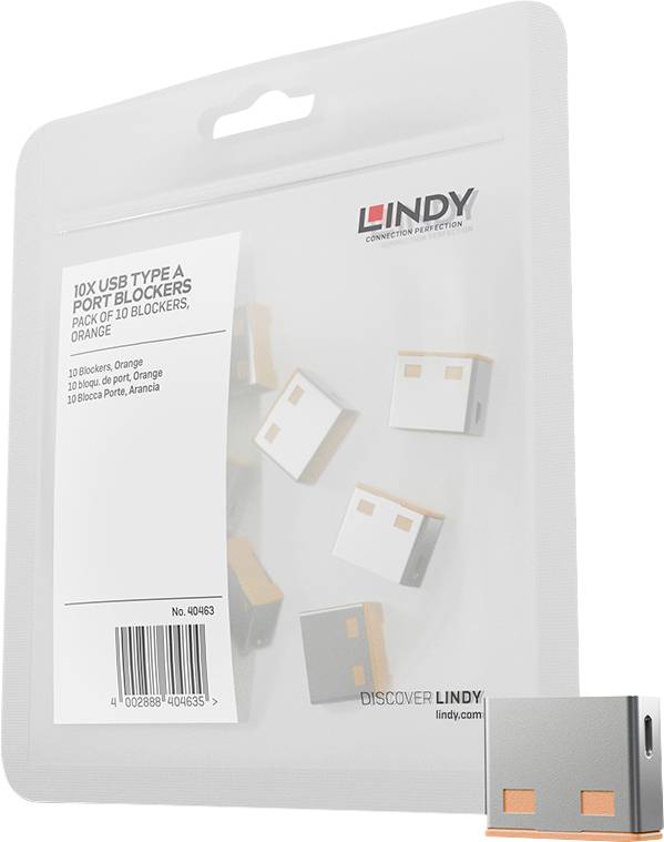 LINDY balení 10 oranžových blokátorů portu USB Type A, zobrazené v čiré závěsné kapse s označením produktu a viditelnými malými blokátory.