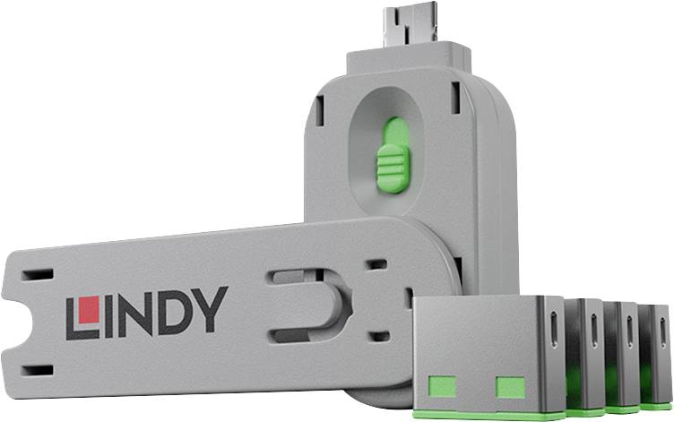 Šedý USB disk Gray Lindy s odstraněným uzávěrem a zeleným zámkovým přepínačem zobrazený v produktovém stylu na bílém pozadí.