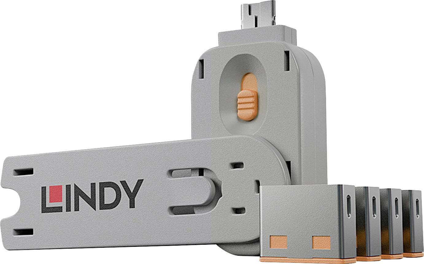 LINDY USB zařízení s nastavitelnou šedou konzolou a oranžovým posuvníkem pro uvolnění, zobrazené s rozšířeným kloubovým ramenem a několika připojenými montážními vložkami.