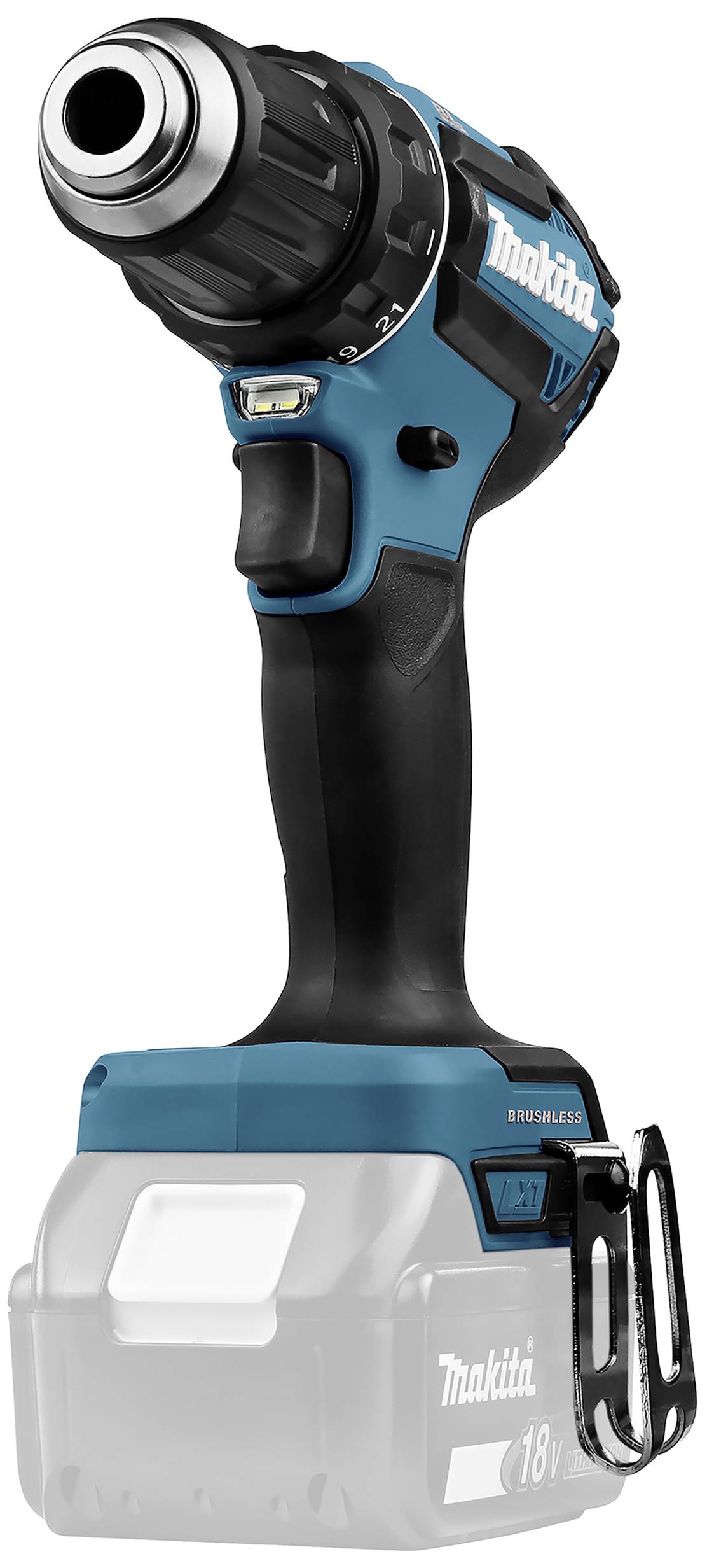 Bezdrátový, modro-černý aku šroubovák s ergonomickou rukojetí a stříbrnými akcenty; akumulátor upevněný dole.