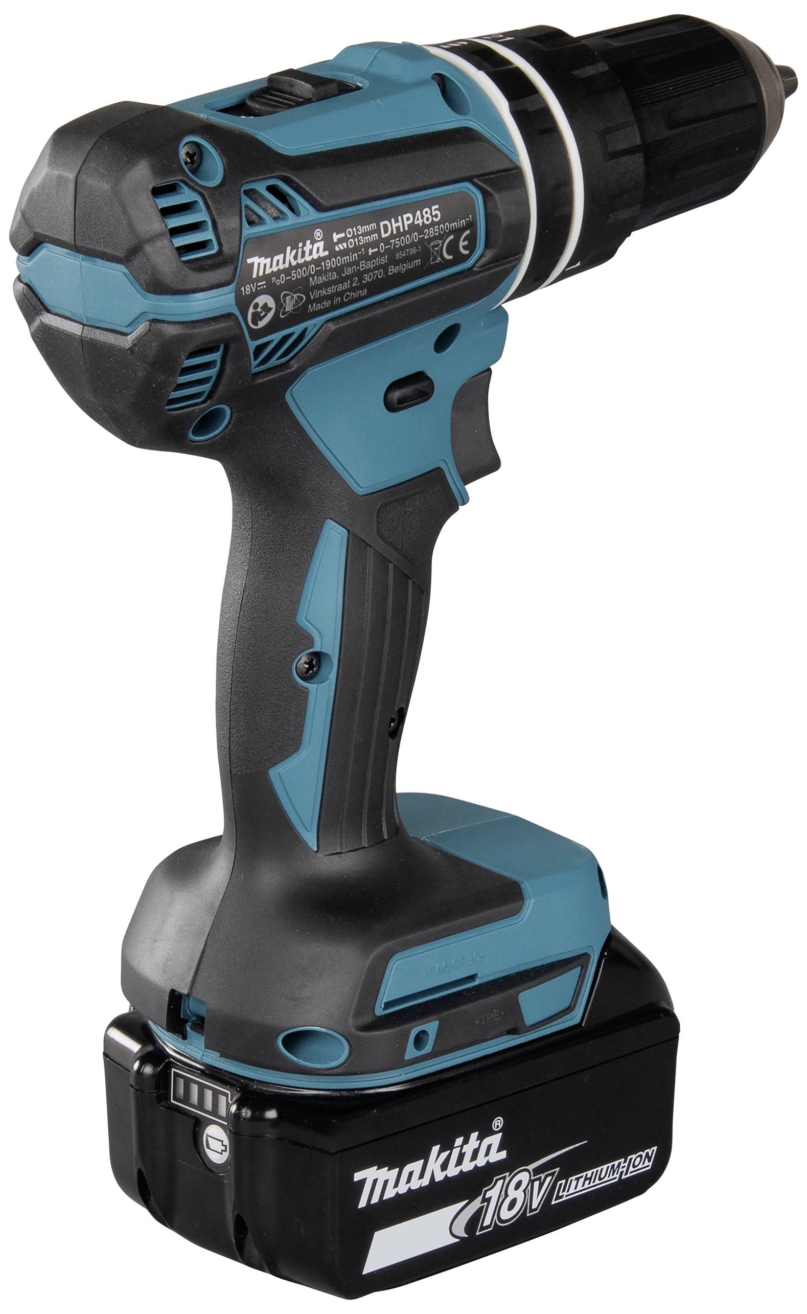 Bezdrátový akumulátorový šroubovák s modro-černým tělem, s nápisem „18V lithium-ion".