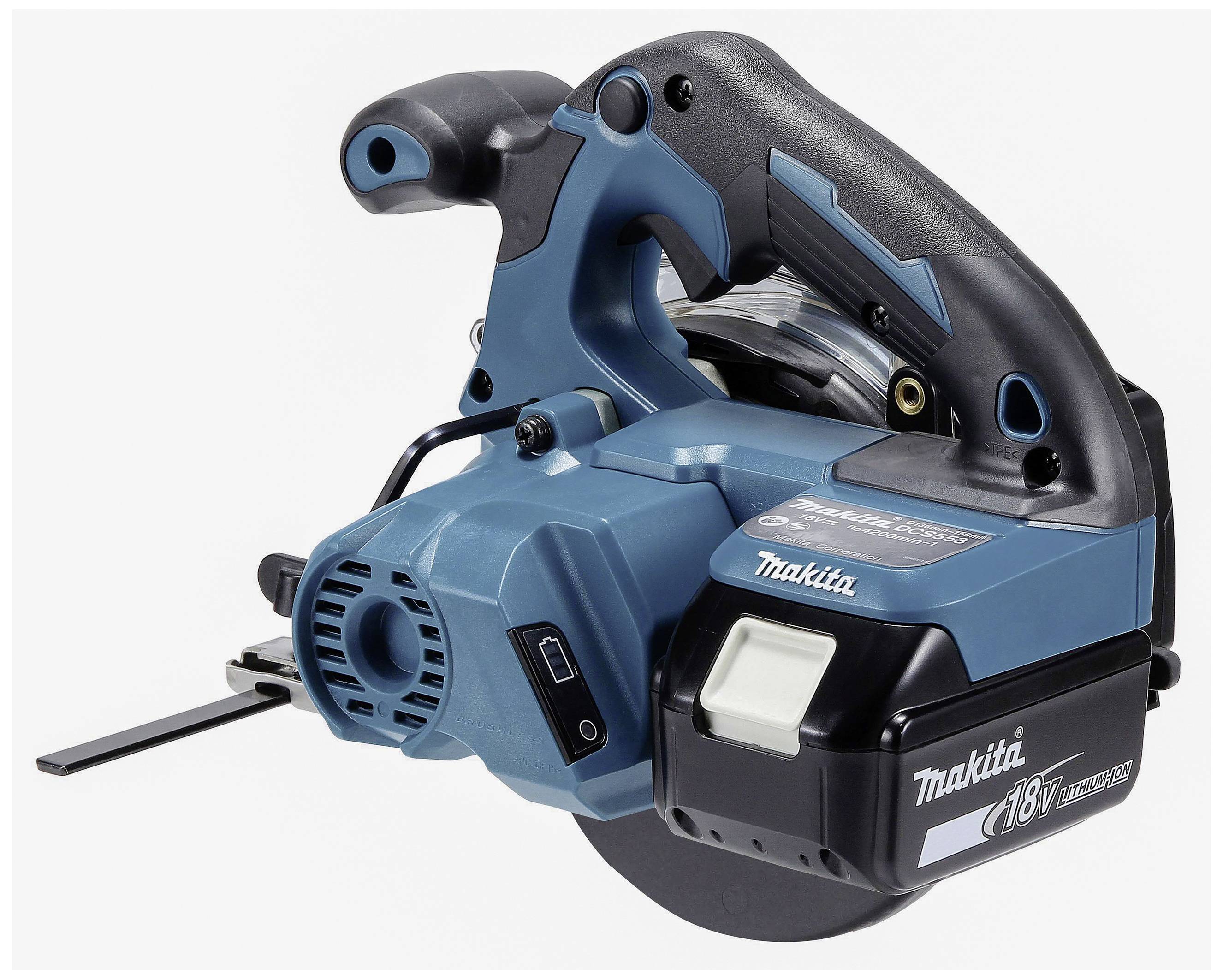 Bezdrátová modrá ruční okružní pila s ergonomickou rukojetí a 18V akumulátorem. Ideální pro řezání dřeva nebo jiných materiálů.