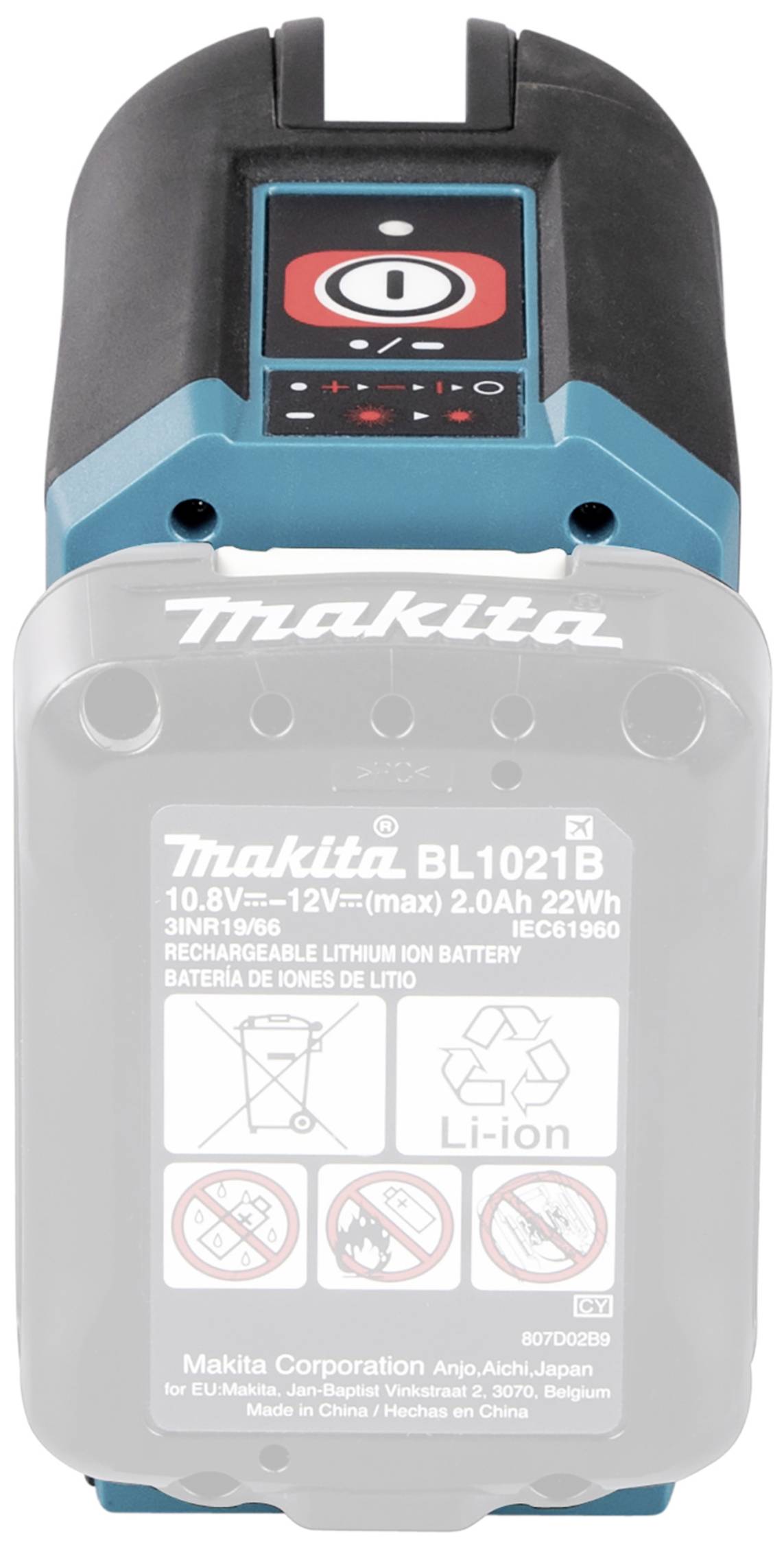 Akumulátor Makita, model BL1021B, 10,8V–12V, 2,0Ah, 22Wh. Vhodný pro dobíjecí lithium-iontové baterie.