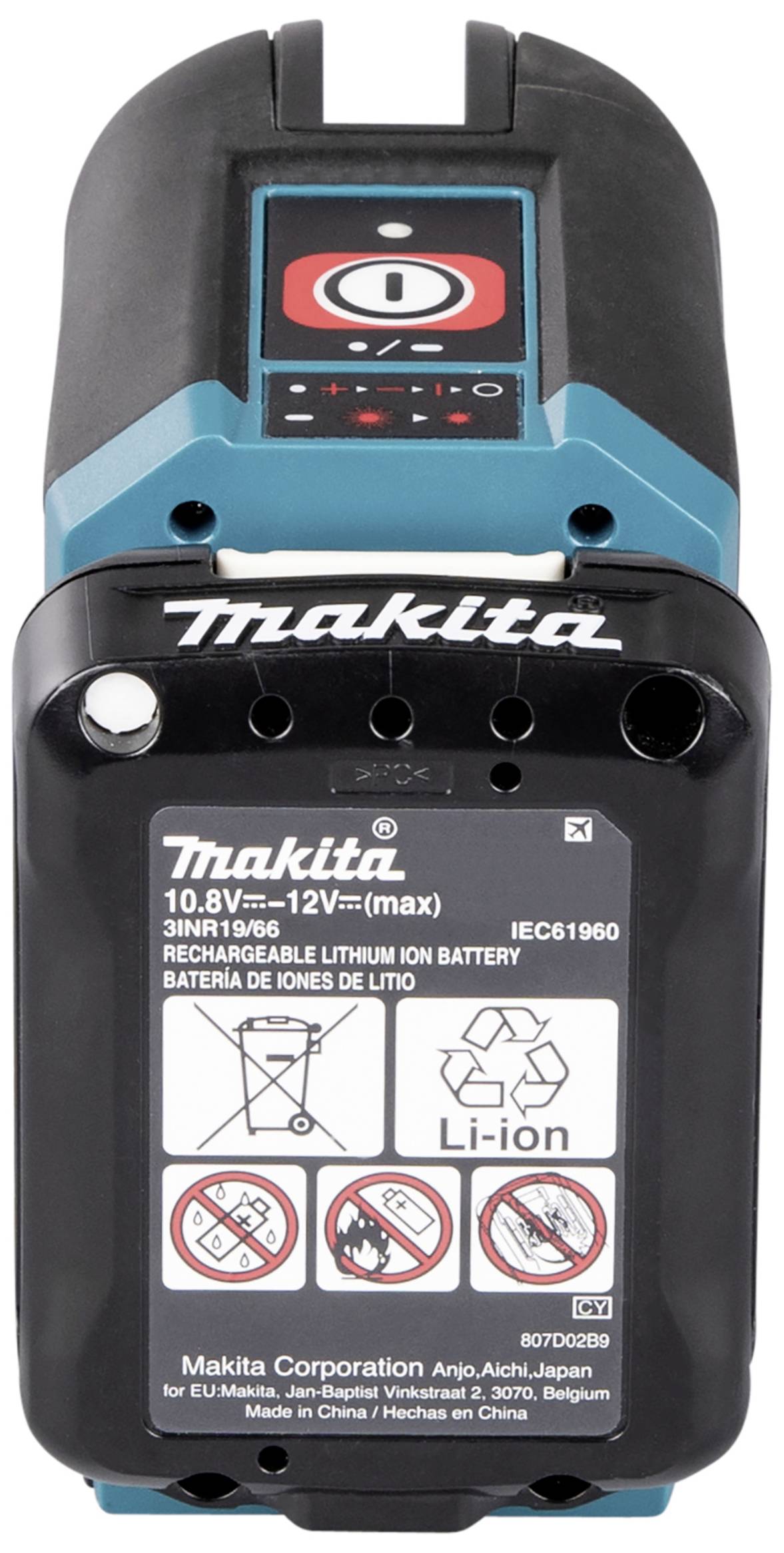 Symbol akumulátoru a výstražné štítky na lithium-iontové baterii Makita 10,8V-12V.