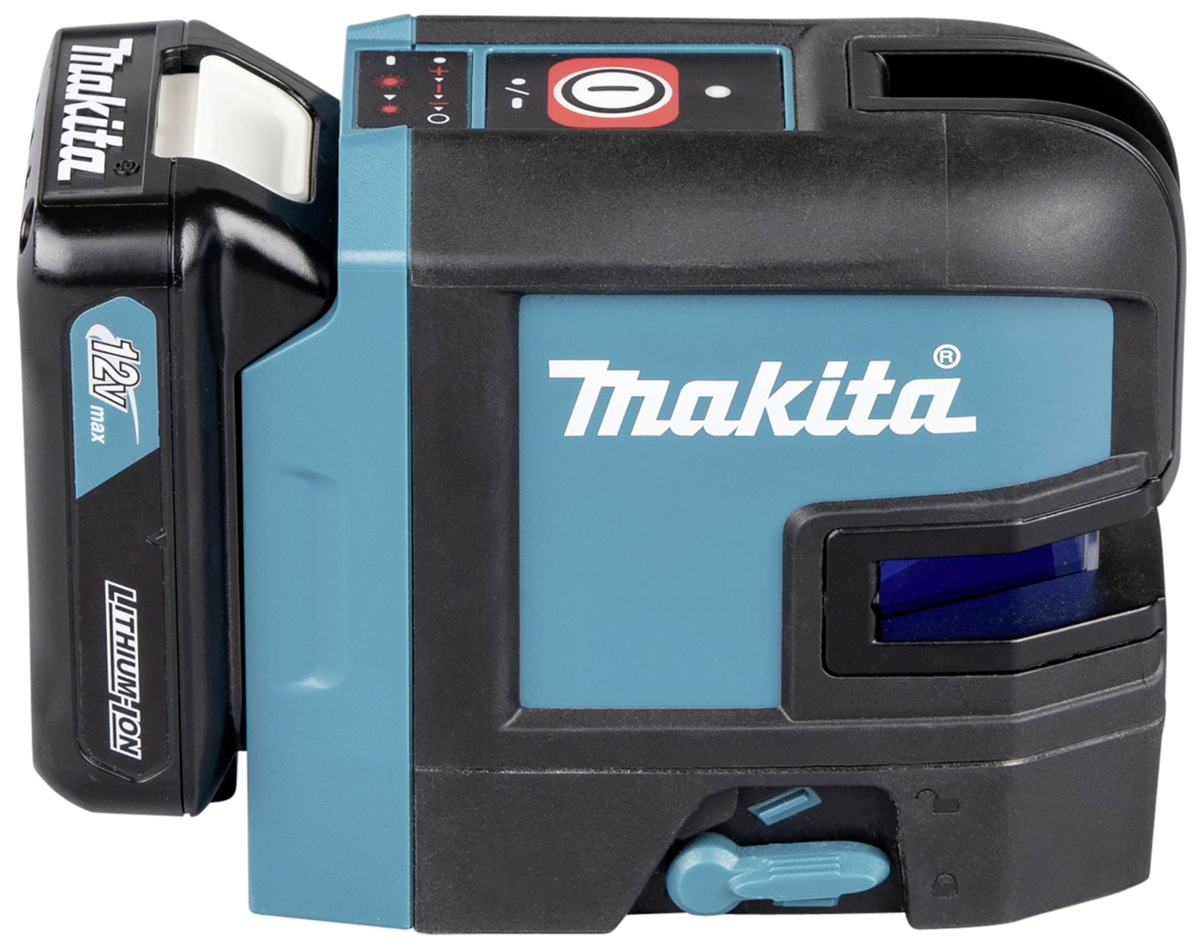 12V Makita lithium-iontový laserový přístroj v černé a modré barvě. Disponuje pouzdrem baterie a ovládacími prvky na horní straně.
