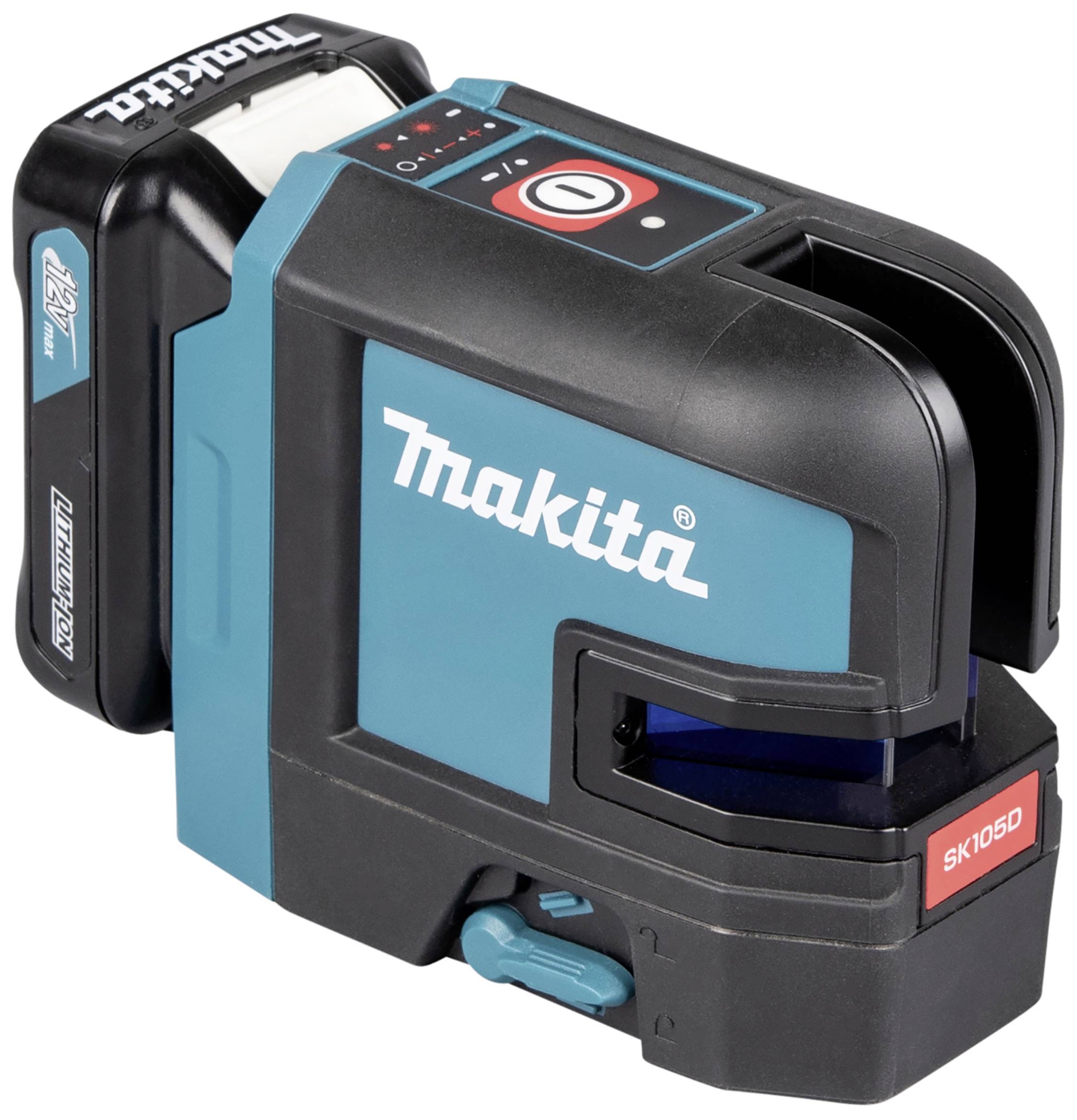 Modrý a černý Makita křížový liniový laser s prostorem pro baterii, model SK105D, zobrazuje ovládací prvky na horní straně.
