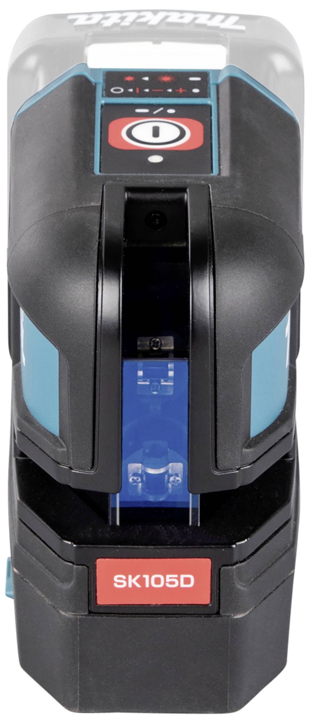 Čárový laser Makita SK105D v černé a modré barvě s ovládacím panelem a červeným štítkem komponenty, pohled zepředu.