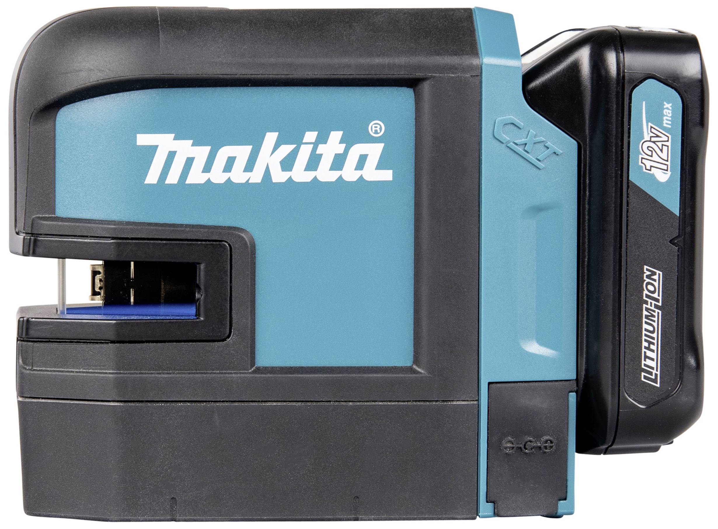 Popis bezdrátového linkového laseru Makita v modré a černé barvě, napájeného 12V lithium-iontovou baterií.