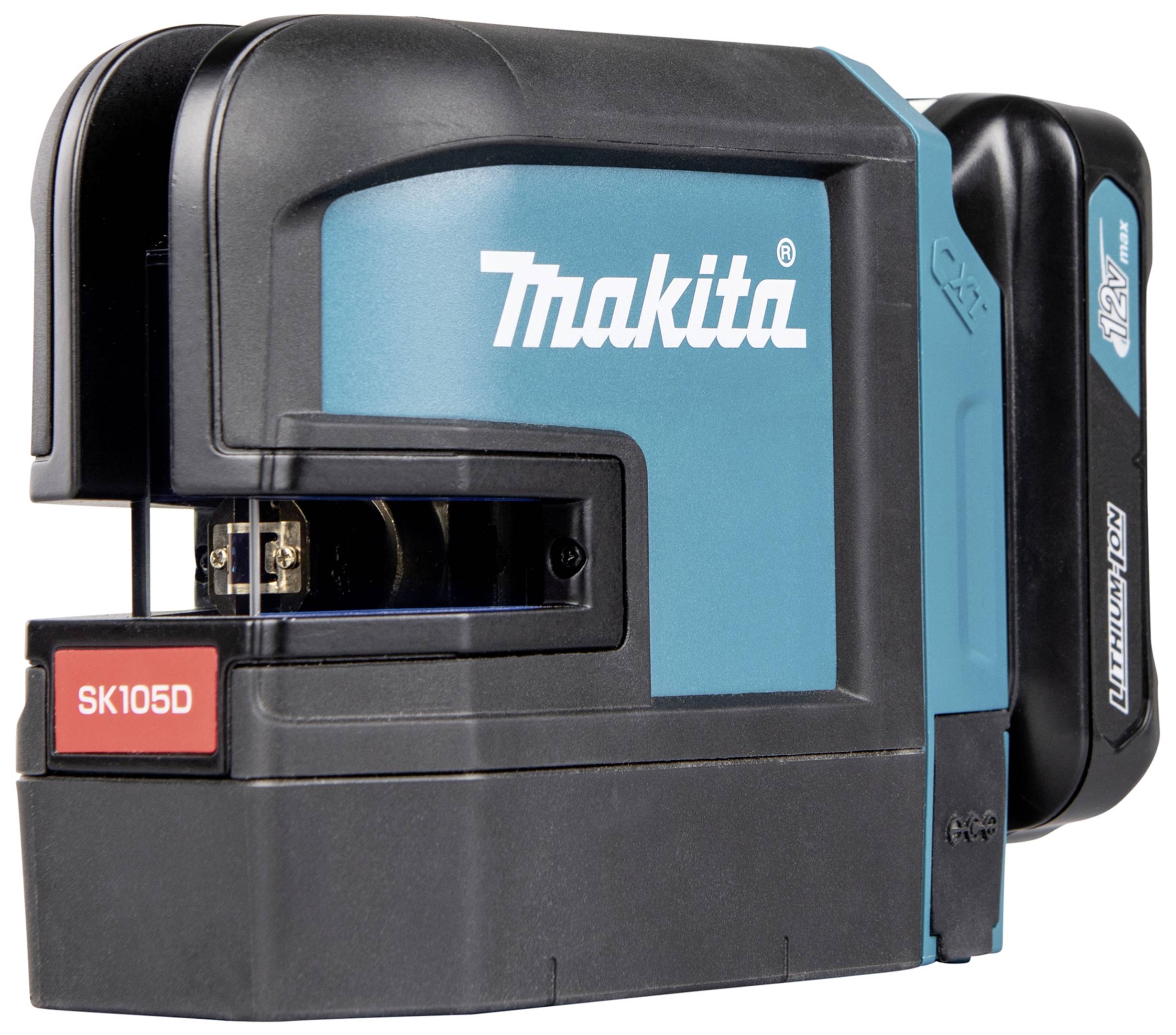 Modrý a černý křížový linkový laser Makita, model SK105D, s lithium-iontovou baterií. Ideální pro přesné zaměřovací práce.