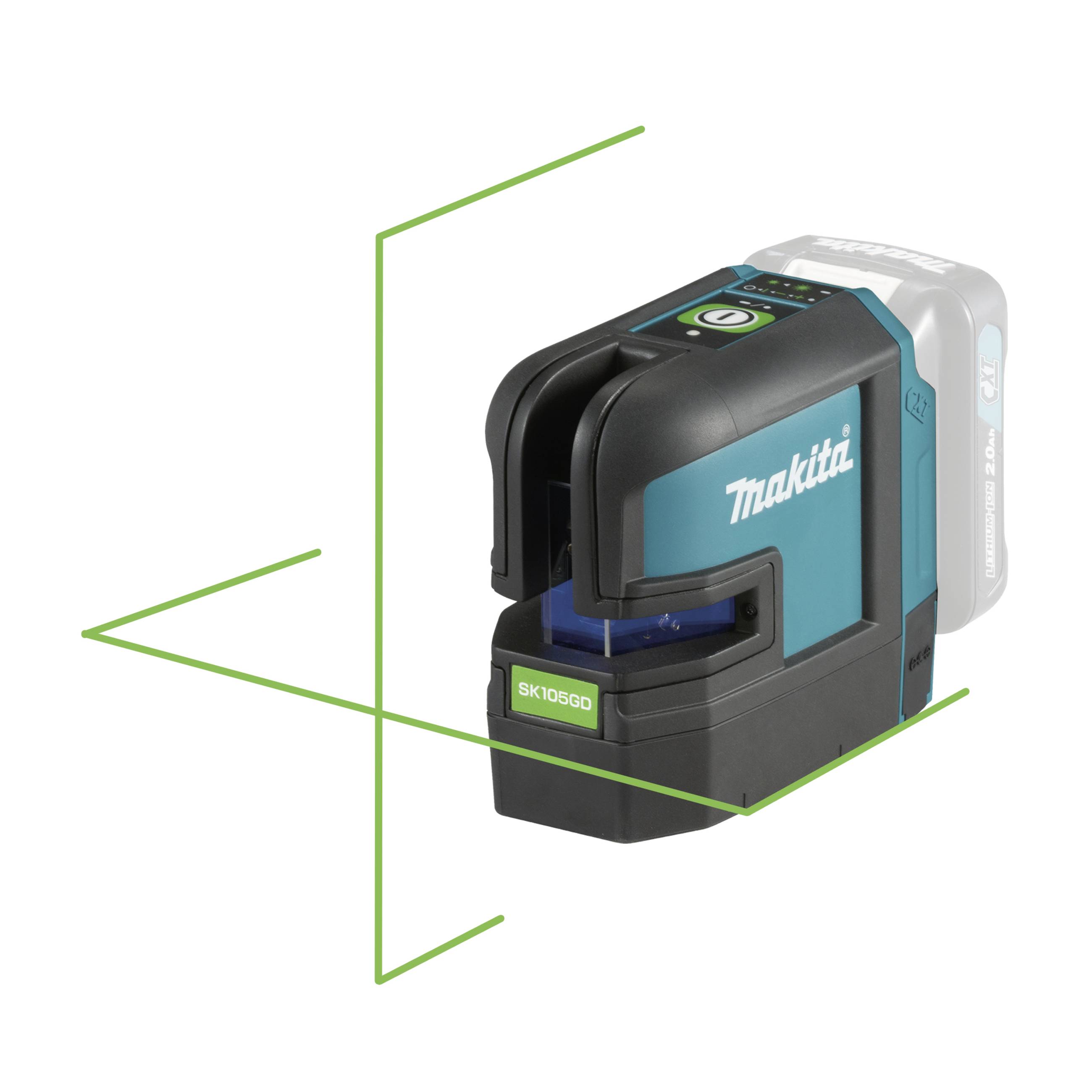 Makita laserový nivelační přístroj model SK105GD s zeleným liniovým laserem, který projektuje horizontální a vertikální rovinu.