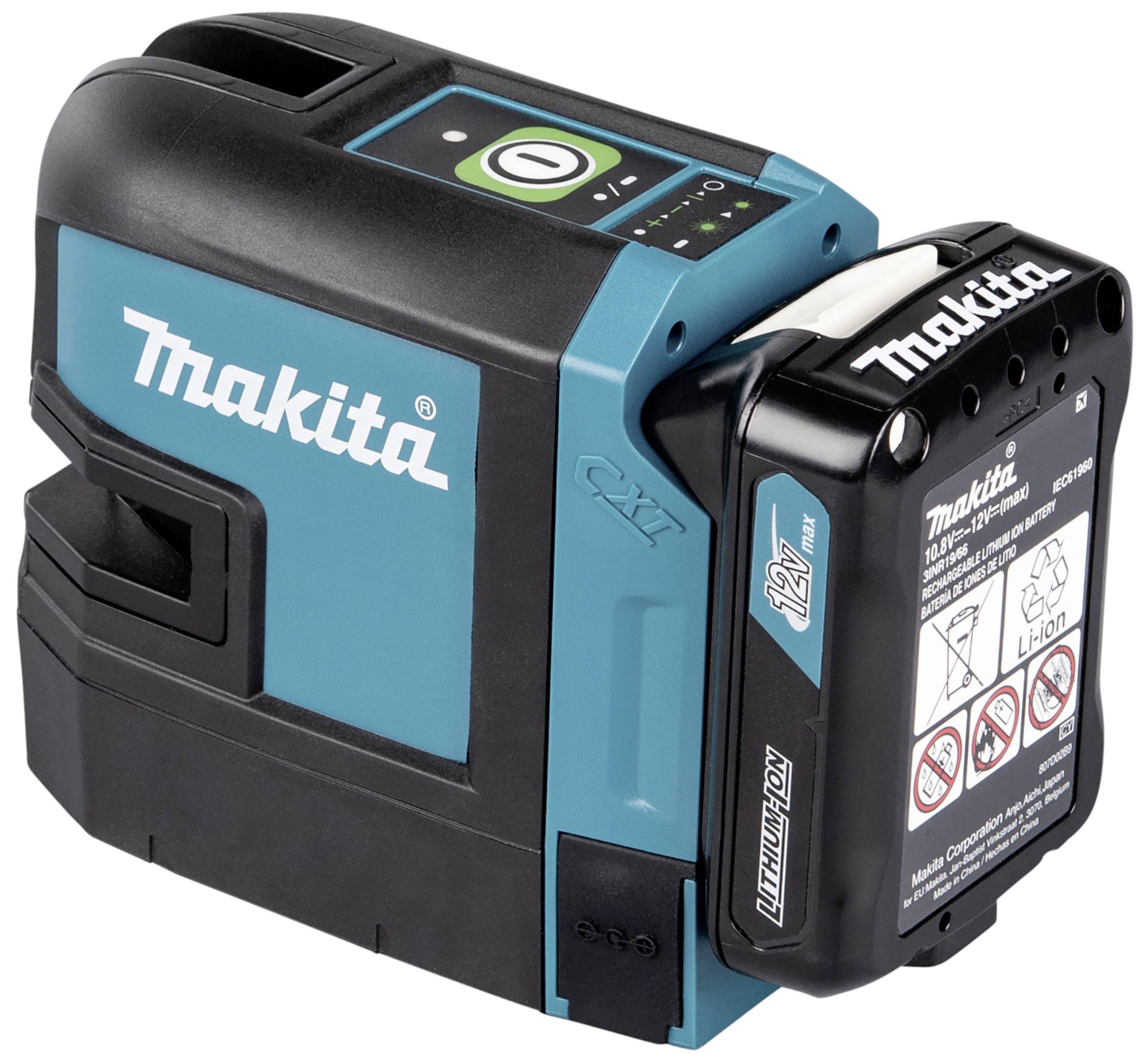 Modročerný laserový přístroj Makita s odnímatelnou 12V lithium-iontovou baterií, která je viditelná vpředu.