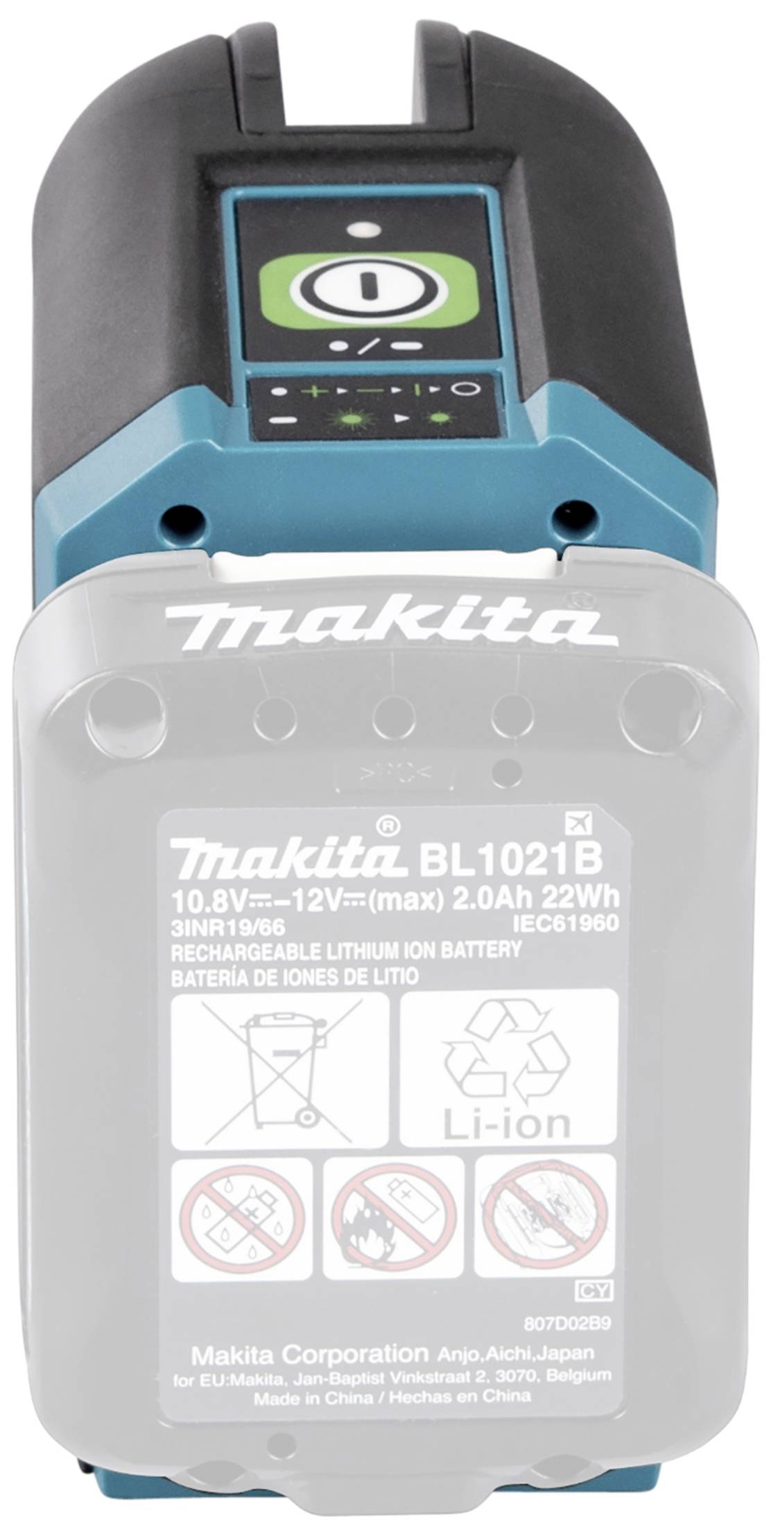 Modrý akumulátor Makita s modelovým číslem 'BL1021B'. Má napětí 10,8V až 12V a kapacitu 2,0Ah.