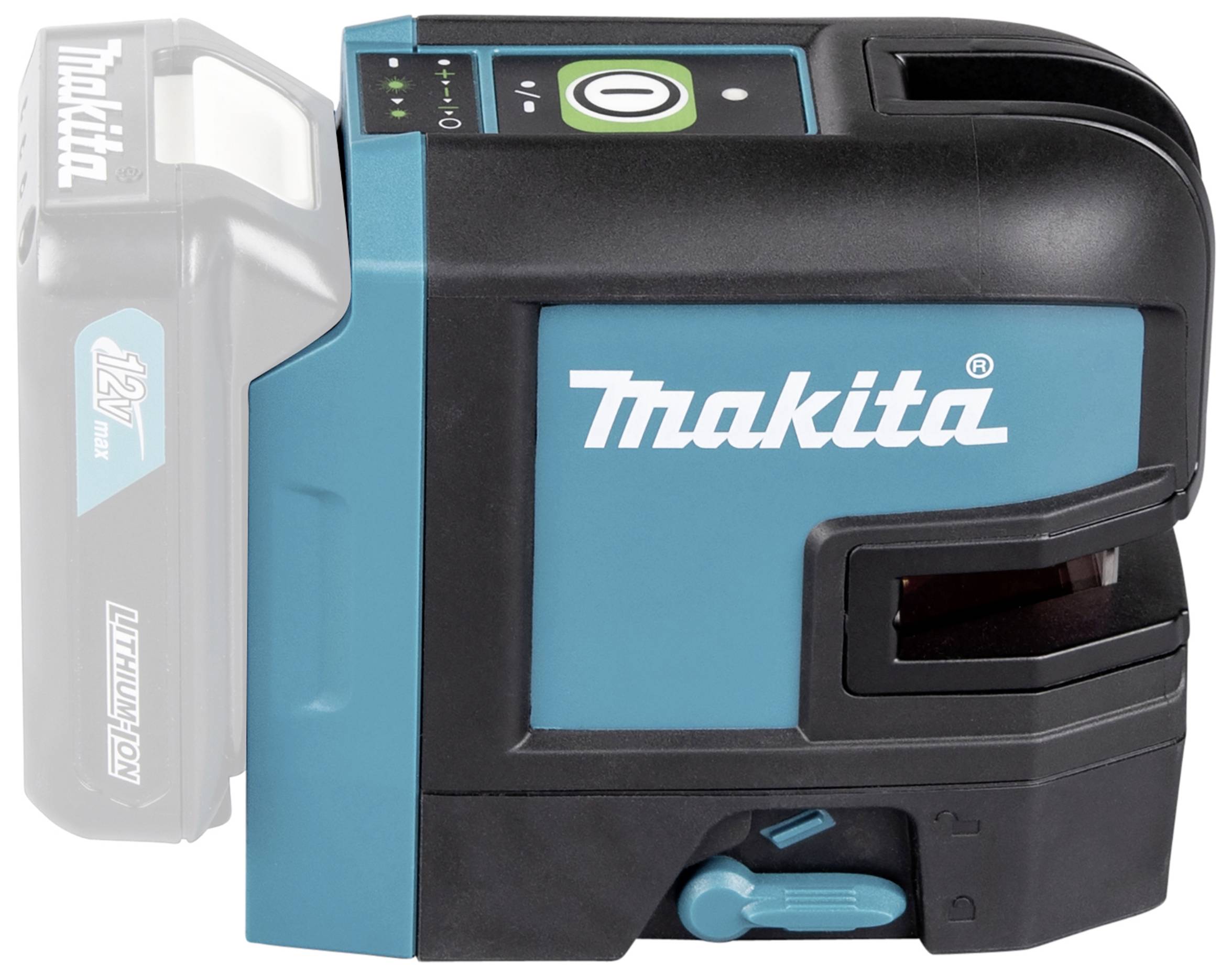 Makita 12V akumulátorový křížový čárový laser se zeleným pouzdrem, prostor pro baterii vlevo. Hlavní vypínač nahoře, logo výrobce na straně.